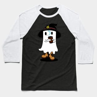 cute Ghost with witch hat drinking coffee Baseball T-Shirt